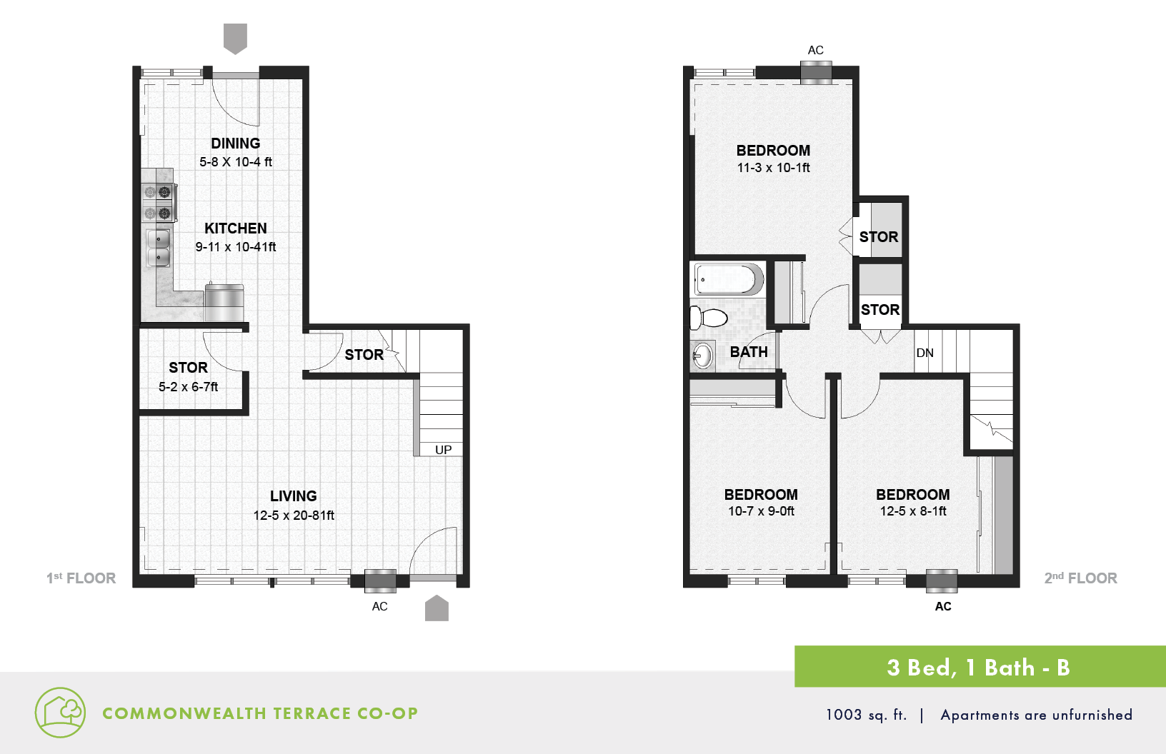 Floor plan for 3 beds, 1 bath, 1003 sqft